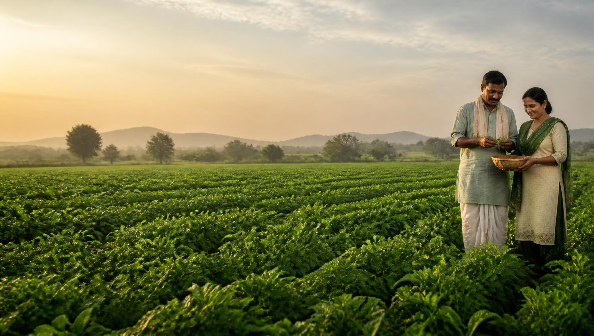 Male and female farmers inspecting healthy crops on a lush green farm