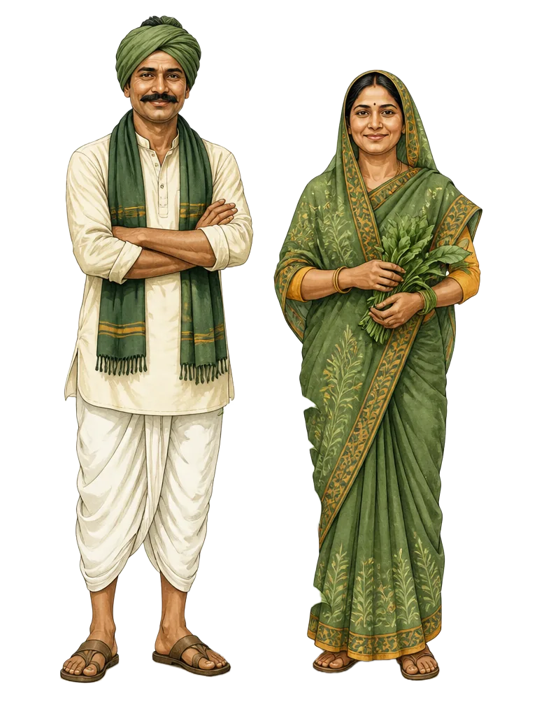 Illustration of Indian farmers beside a healthy crop
